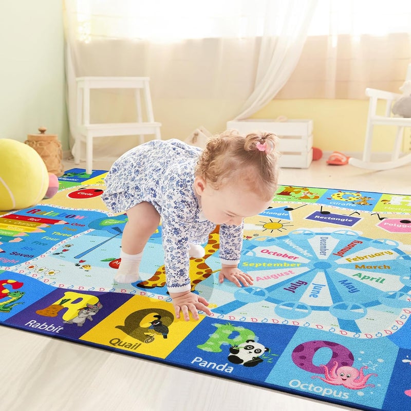 B BENRON Kids Rugs for Playroom Washable, Educational and Fun Learning Rugs with ABC Alphabet Animals Shapes, Baby Toddler Children's Play Mat for Bedroom Classroom Nursery, 3x5 Feet, Blue - Image 2